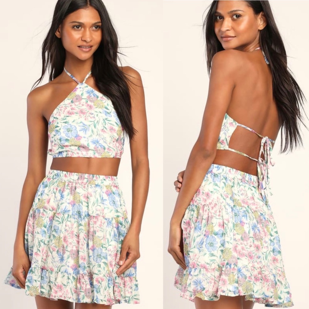 Lulu’s Petal Power 2-Piece Set Mini Skirt Crop Top Size S NWT